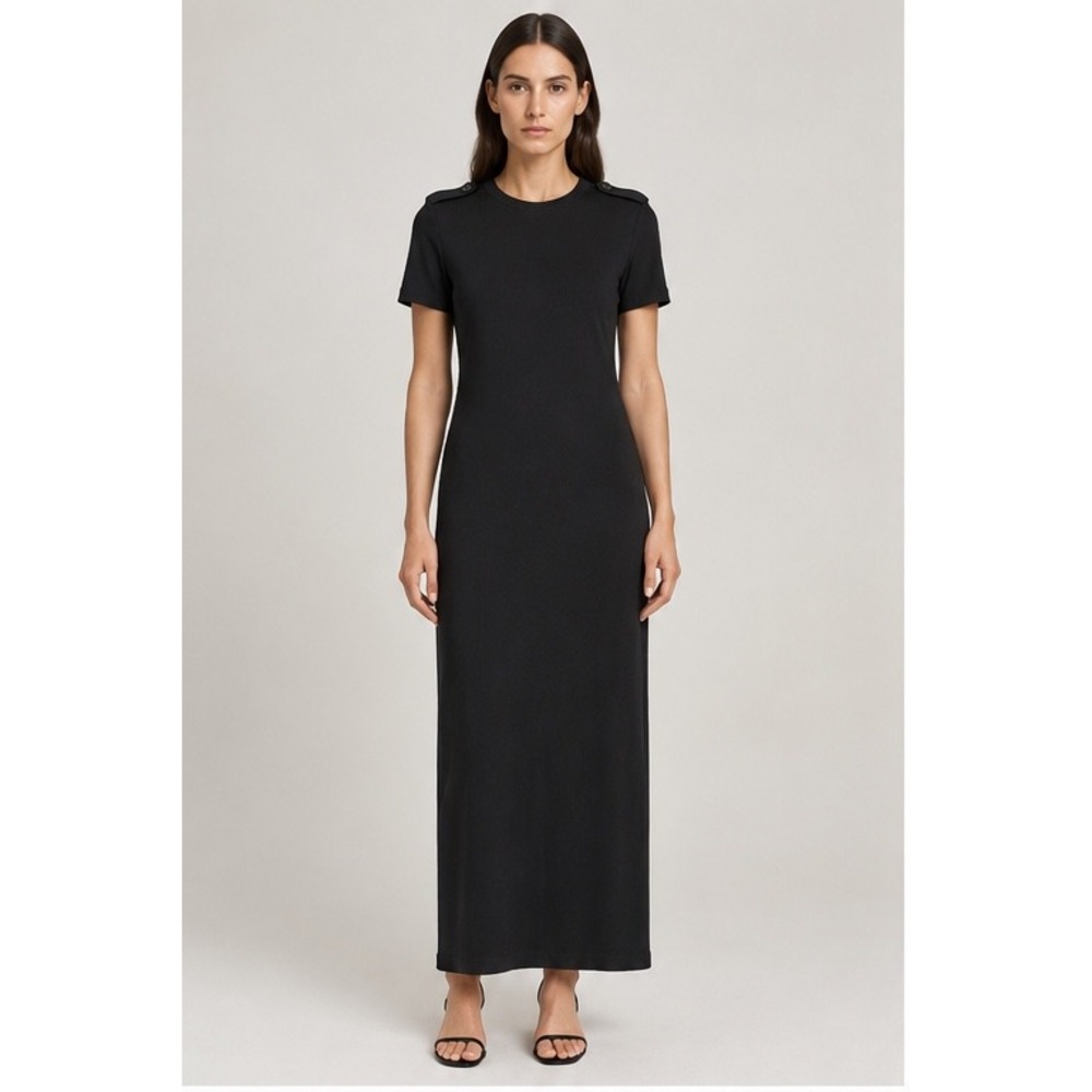 New Helmut Lang 100% Silk Black Maxi Dress Epaulette Shoulder Short Sleeve Mediu